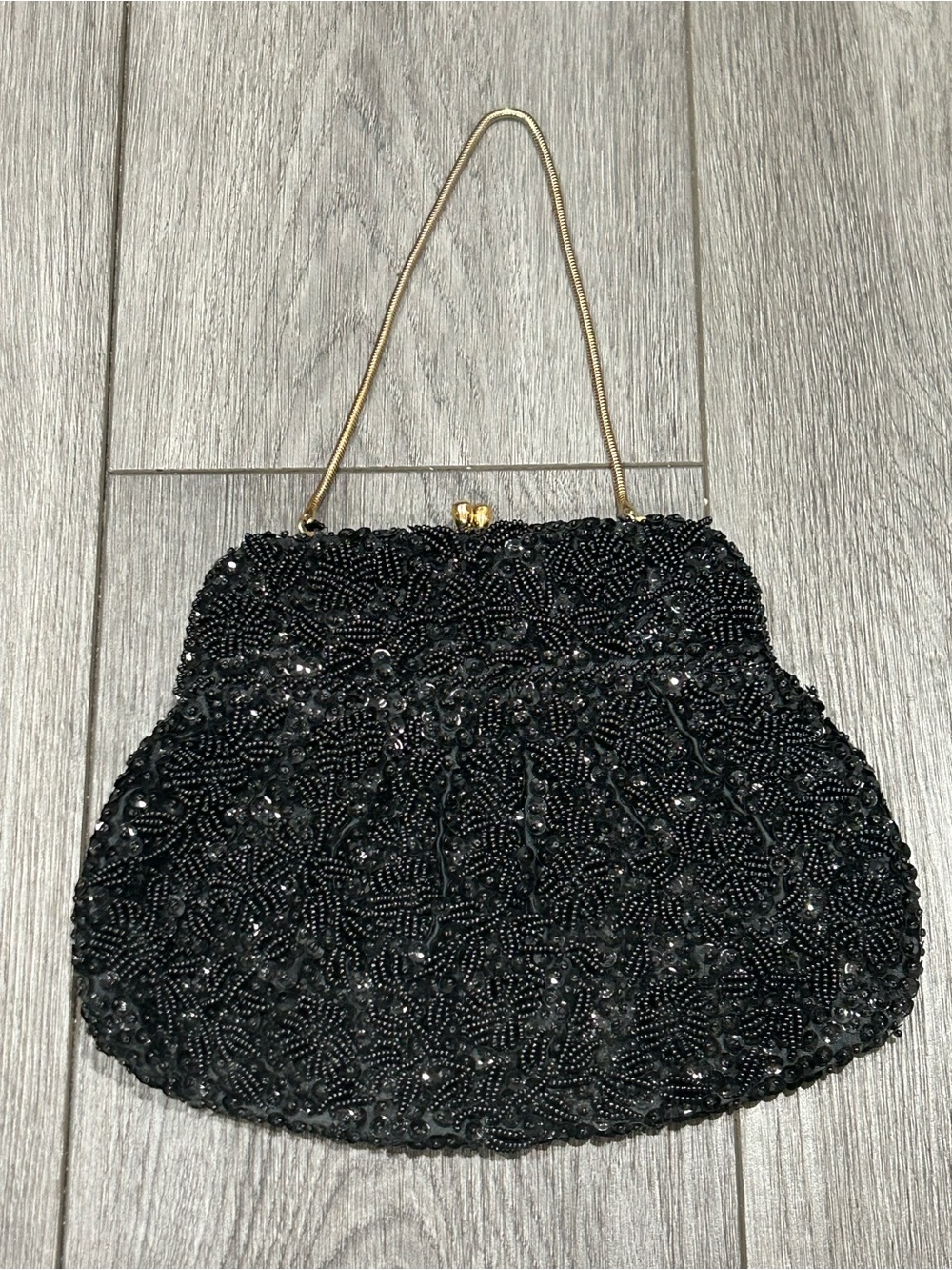 Vintage Black Beaded Evening Clutch with Gold Chain Handle